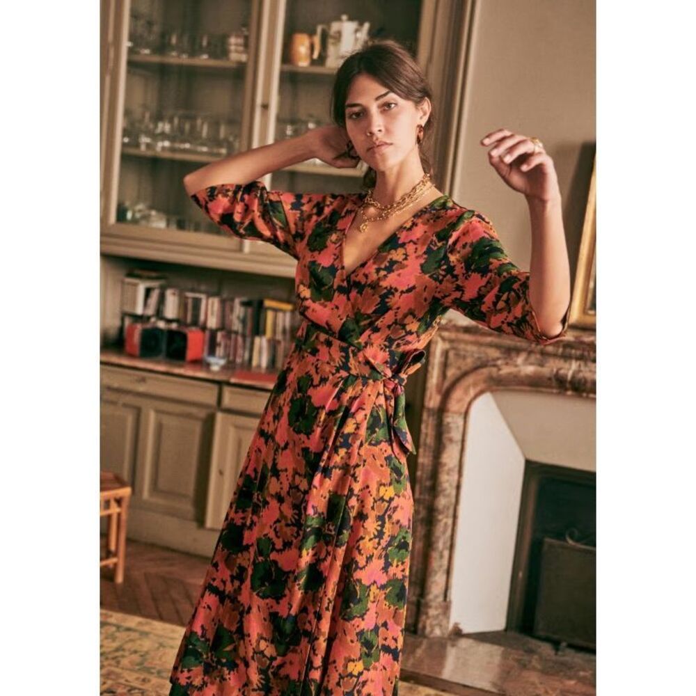 Sezane Dahlia Abstract Floral Wrap V Neck Midi Maxi Dress Size 34 Small XS Prep